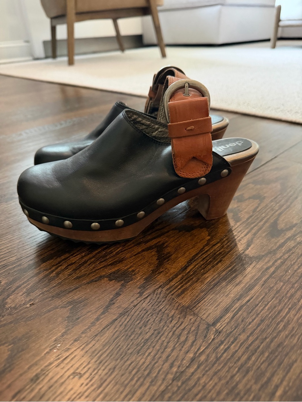 Dani Black Leather Buckle Clog with Brown Strap